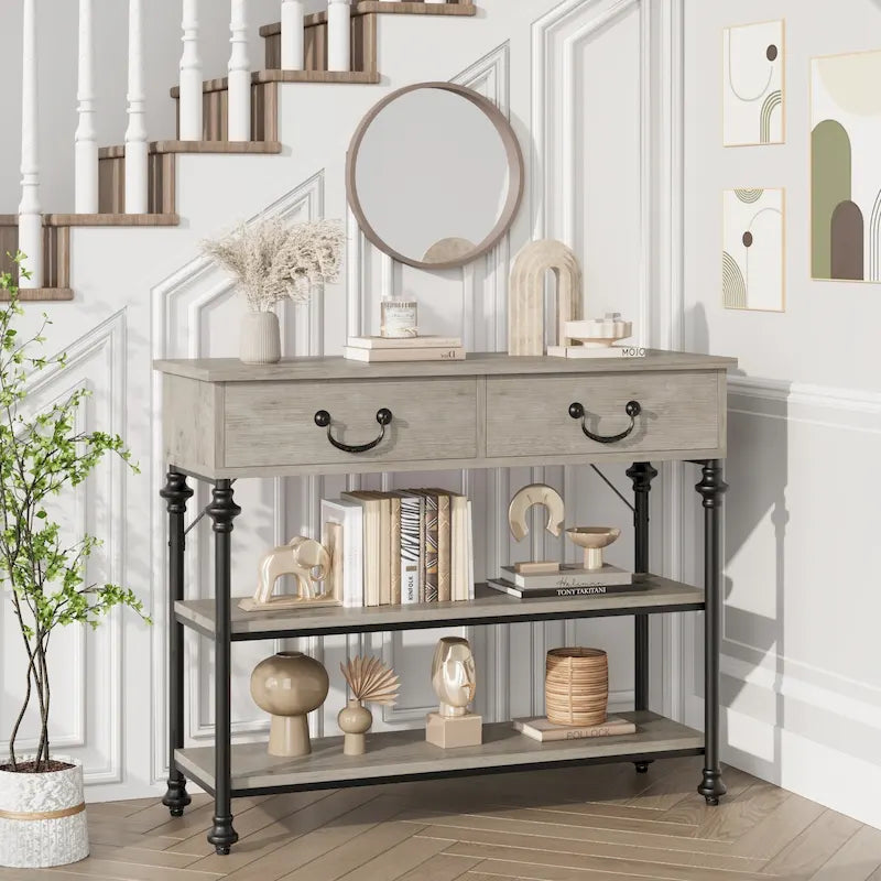 Petite table d'entrée avec 2 tiroirs, console étroite avec étagères de rangement pour salon