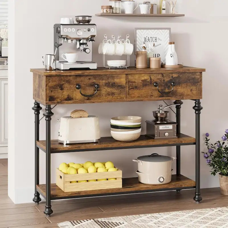 Petite table d'entrée avec 2 tiroirs, console étroite avec étagères de rangement pour salon