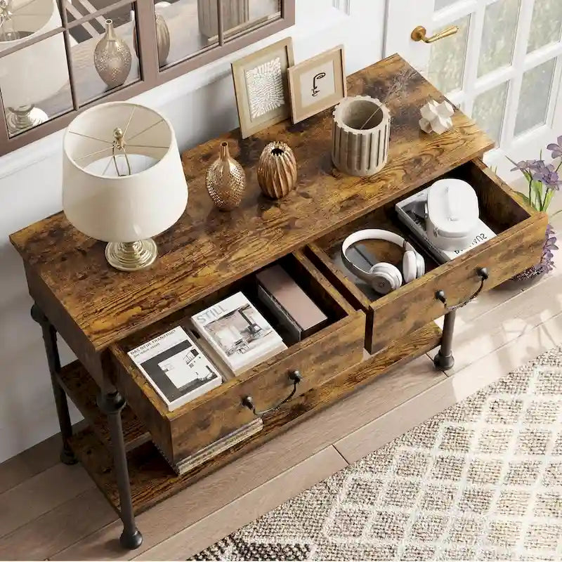 Petite table d'entrée avec 2 tiroirs, console étroite avec étagères de rangement pour salon