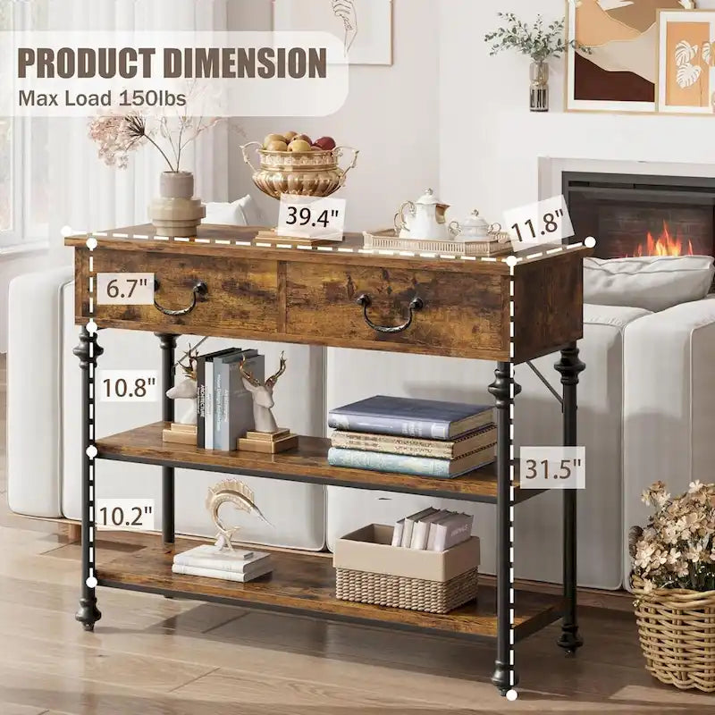 Petite table d'entrée avec 2 tiroirs, console étroite avec étagères de rangement pour salon