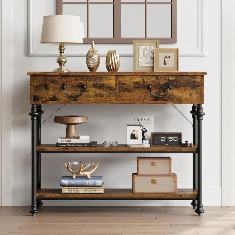 Petite table d'entrée avec 2 tiroirs, console étroite avec étagères de rangement pour salon