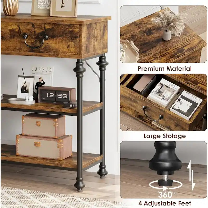 Petite table d'entrée avec 2 tiroirs, console étroite avec étagères de rangement pour salon