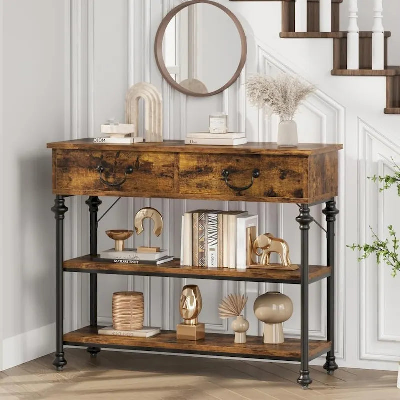 Petite table d'entrée avec 2 tiroirs, console étroite avec étagères de rangement pour salon