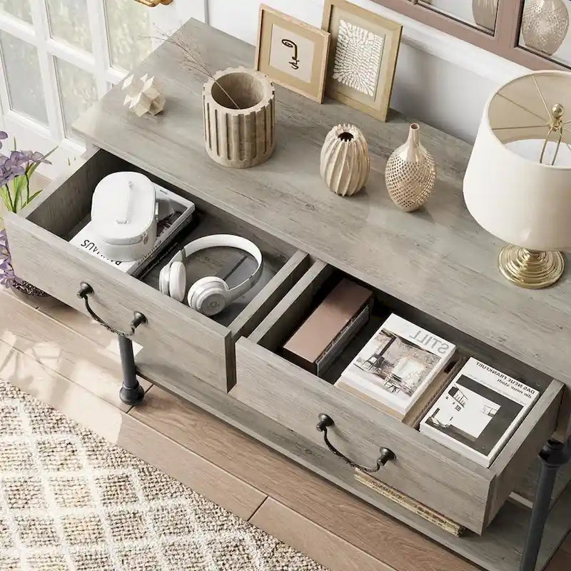 Petite table d'entrée avec 2 tiroirs, console étroite avec étagères de rangement pour salon