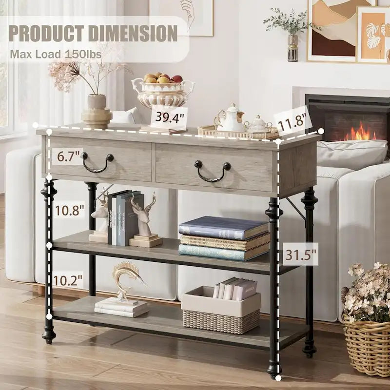 Petite table d'entrée avec 2 tiroirs, console étroite avec étagères de rangement pour salon