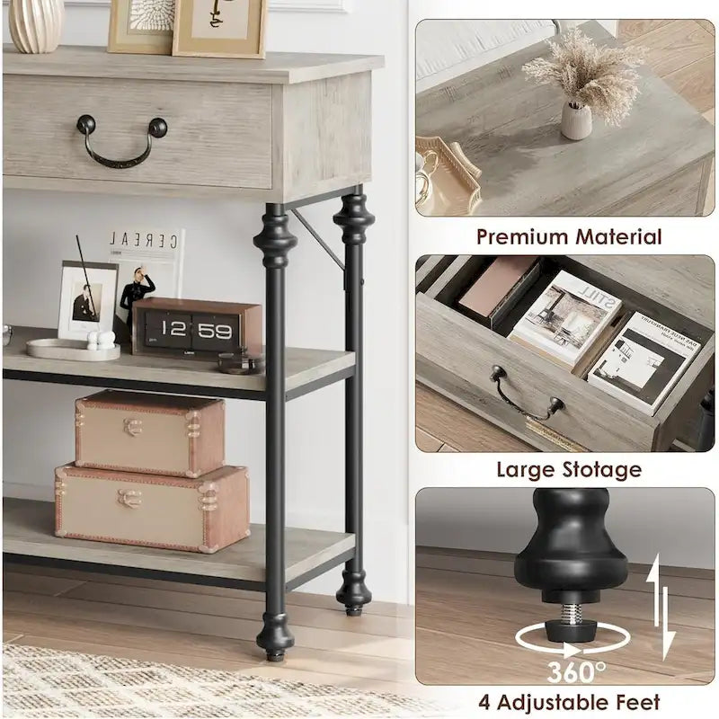 Petite table d'entrée avec 2 tiroirs, console étroite avec étagères de rangement pour salon