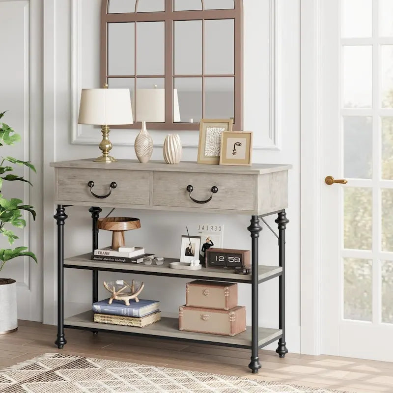 Petite table d'entrée avec 2 tiroirs, console étroite avec étagères de rangement pour salon