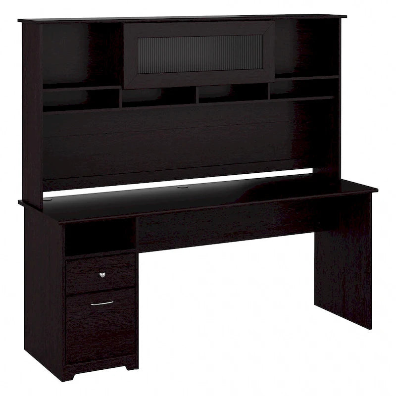 Bureau informatique avec étagère et tiroirs.