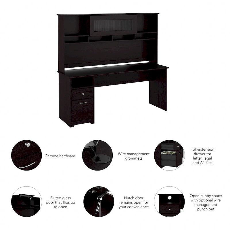 Bureau informatique avec étagère et tiroirs.