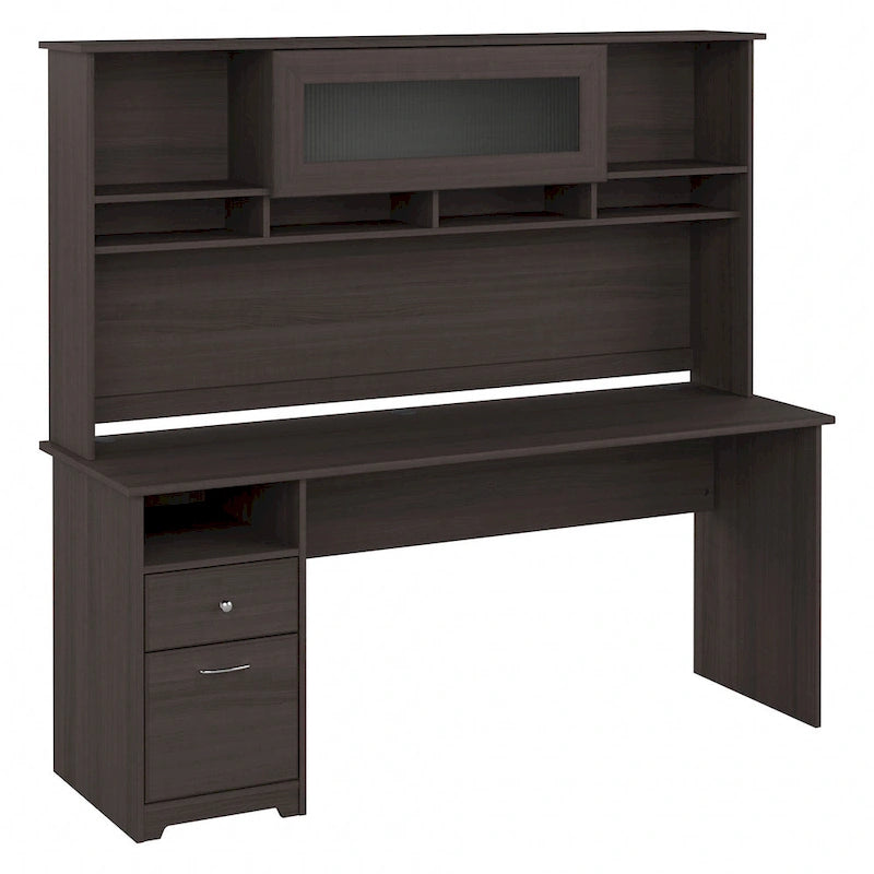 Bureau informatique avec étagère et tiroirs.
