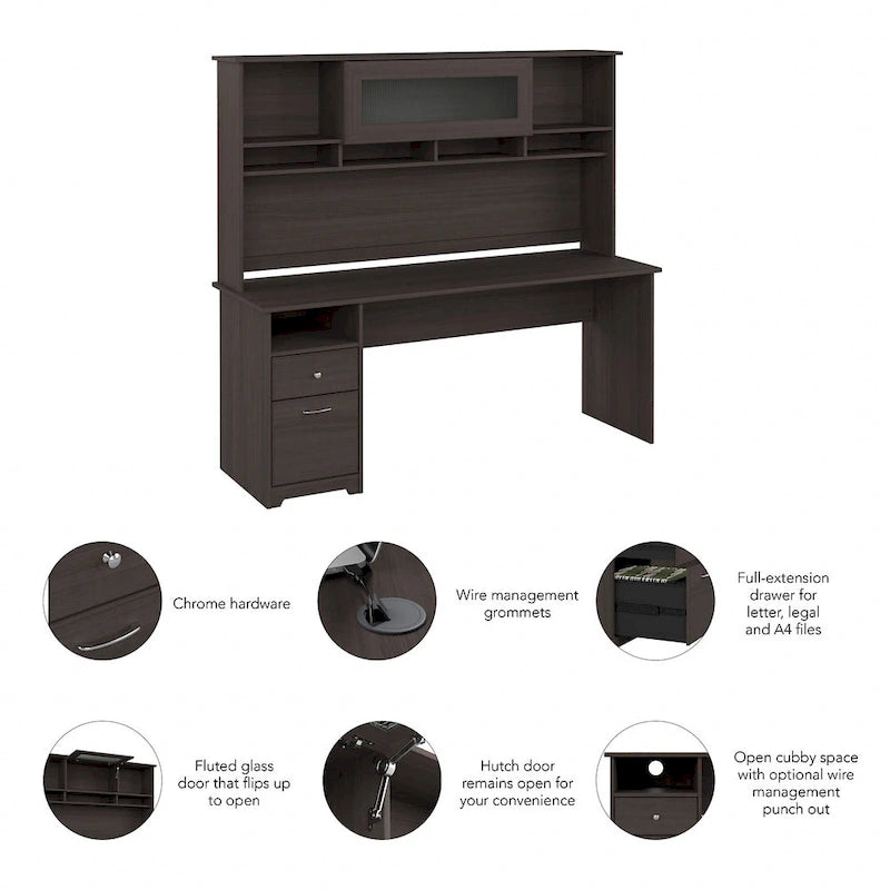 Bureau informatique avec étagère et tiroirs.