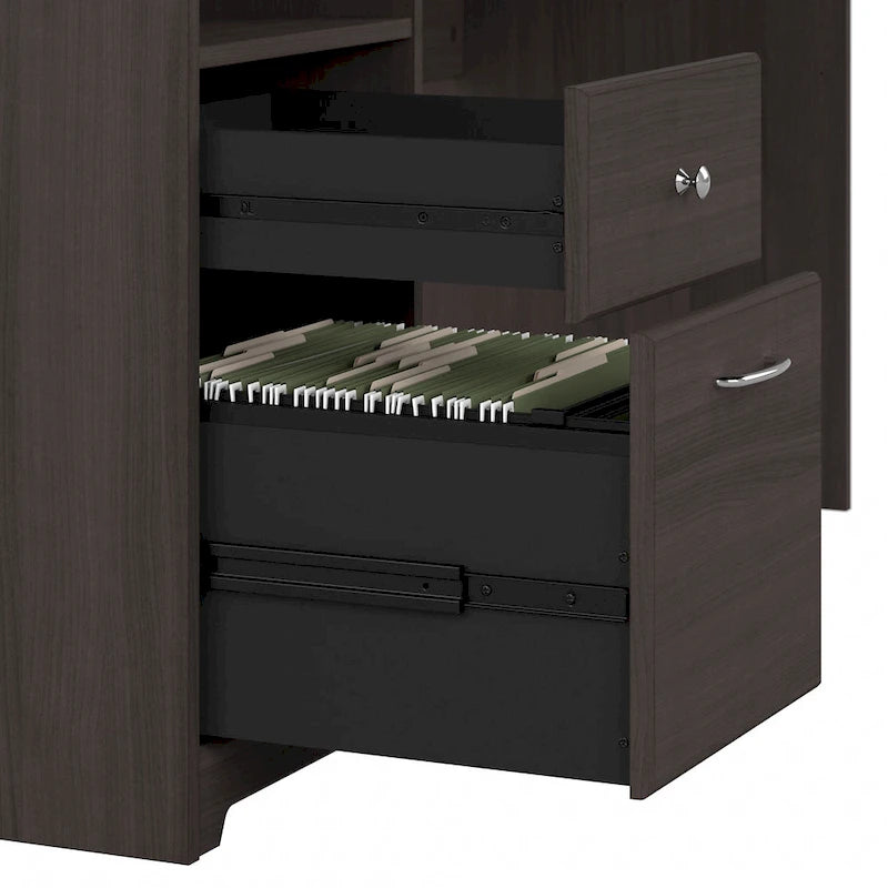 Bureau informatique avec étagère et tiroirs.
