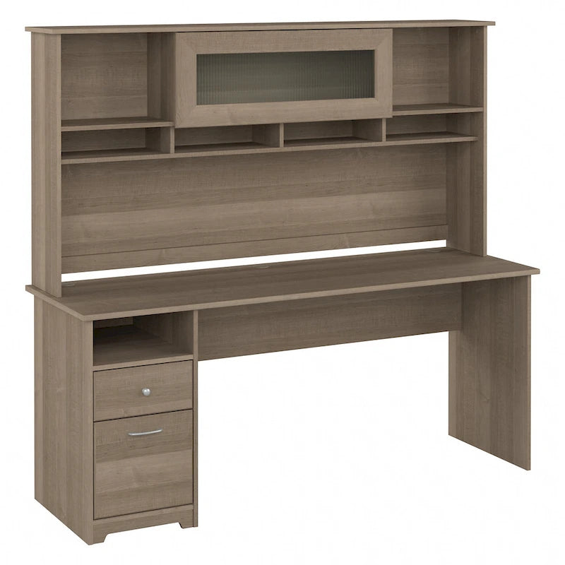 Bureau informatique avec étagère et tiroirs.