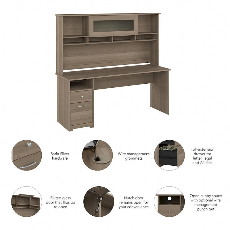 Bureau informatique avec étagère et tiroirs.