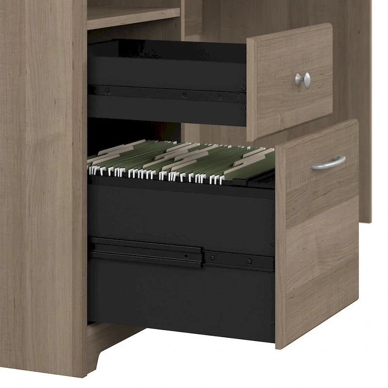 Bureau informatique avec étagère et tiroirs.