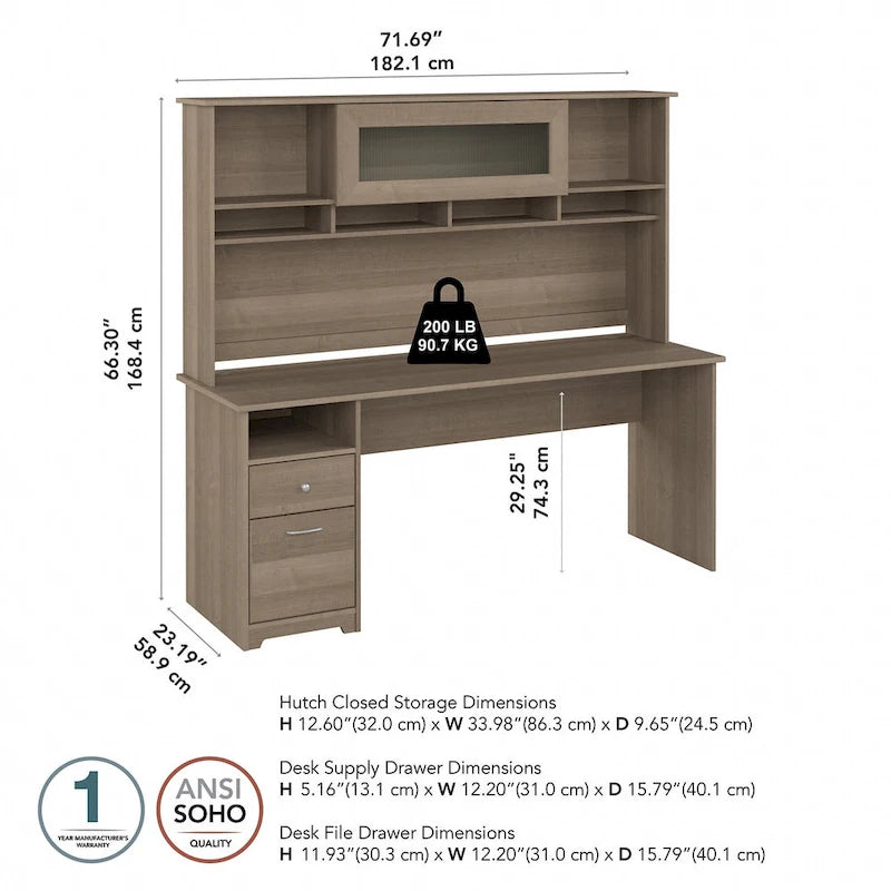 Bureau informatique avec étagère et tiroirs.