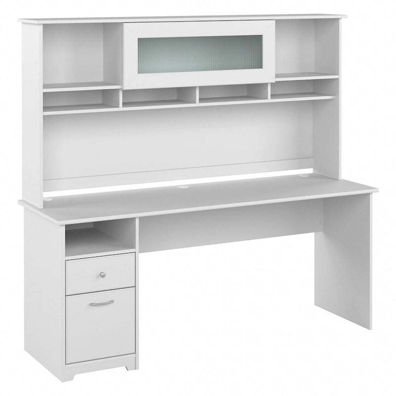 Bureau informatique avec étagère et tiroirs.