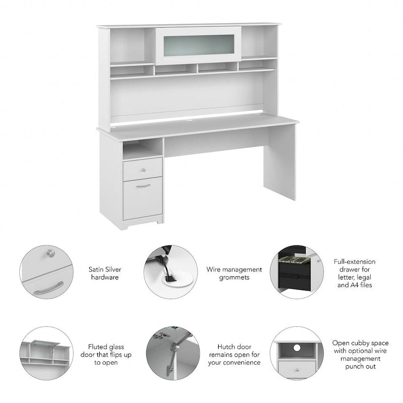 Bureau informatique avec étagère et tiroirs.