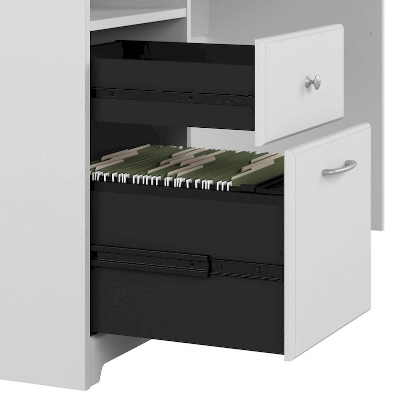 Bureau informatique avec étagère et tiroirs.