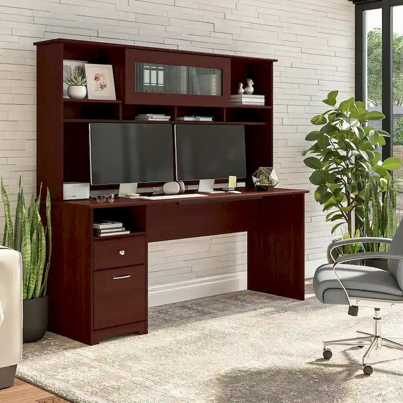Bureau informatique avec étagère et tiroirs.