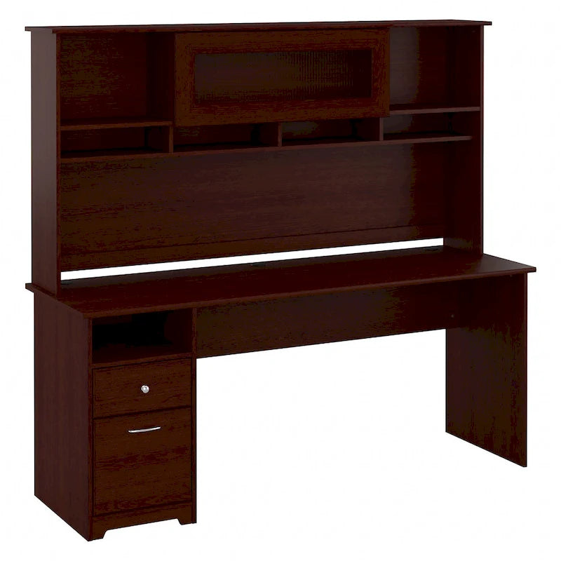 Bureau informatique avec étagère et tiroirs.