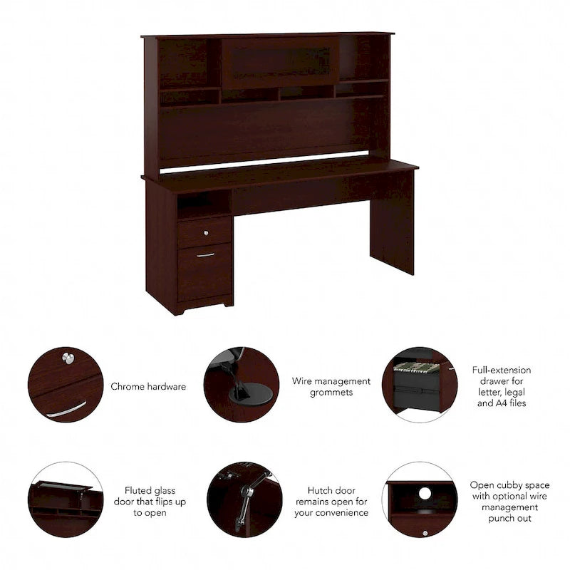 Bureau informatique avec étagère et tiroirs.