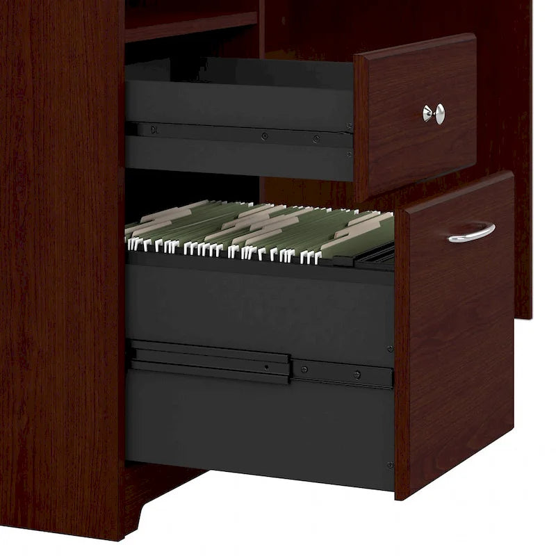 Bureau informatique avec étagère et tiroirs.