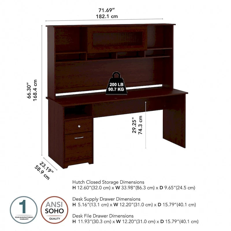 Bureau informatique avec étagère et tiroirs.