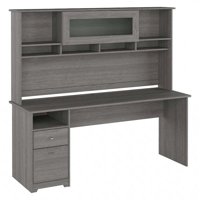 Bureau informatique avec étagère et tiroirs.