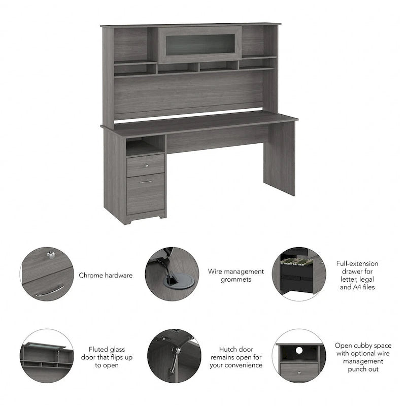 Bureau informatique avec étagère et tiroirs.