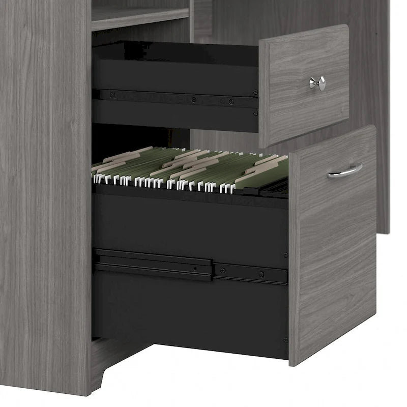 Bureau informatique avec étagère et tiroirs.