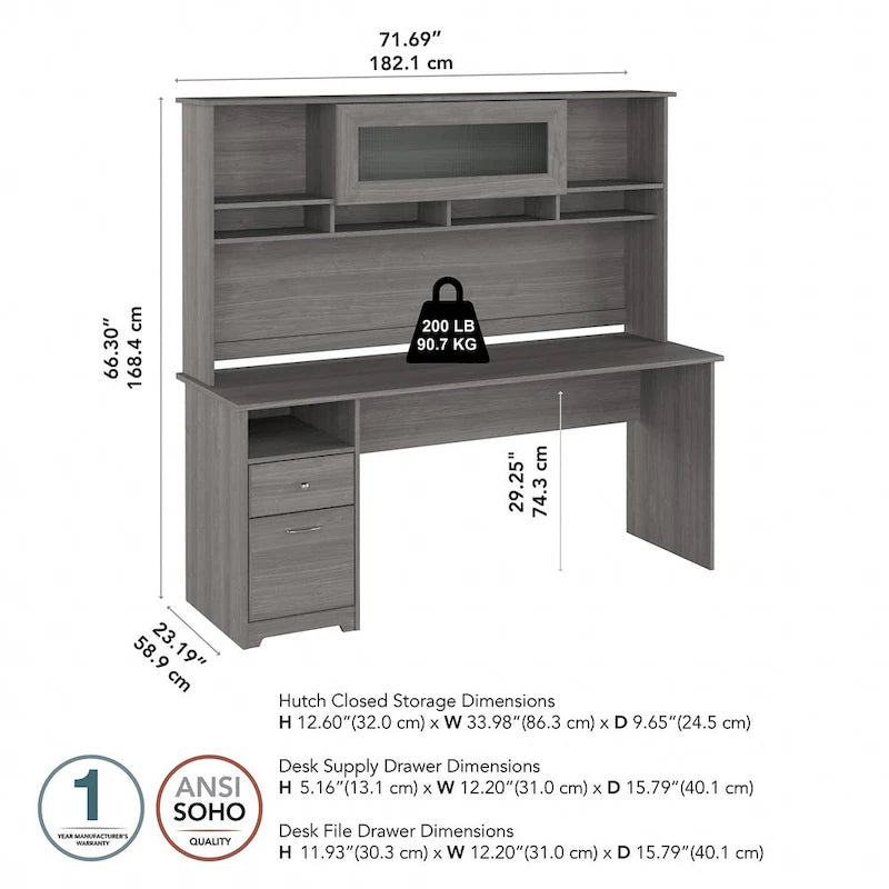 Bureau informatique avec étagère et tiroirs.
