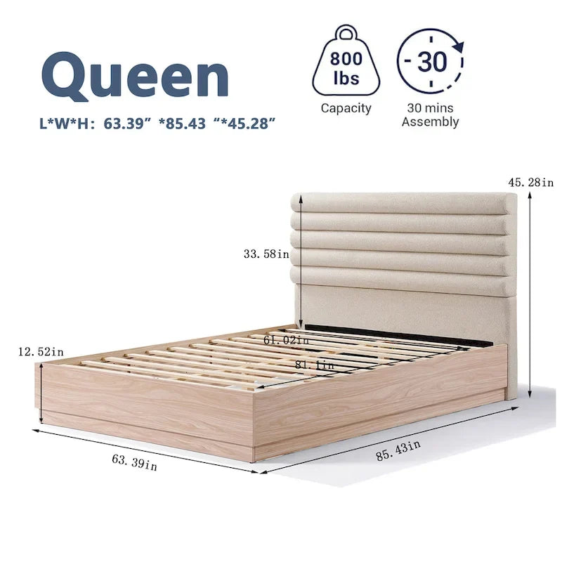 Cadre de lit plateforme queen avec tête de lit rembourrée