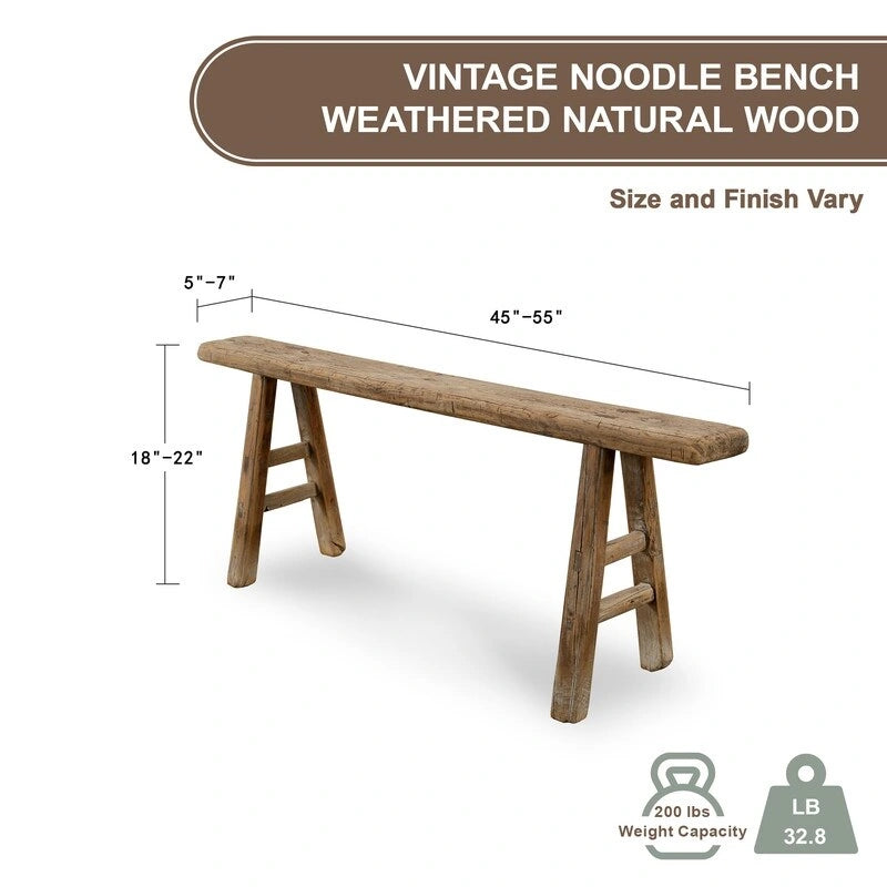 Banc à nouilles vintage naturel vieilli (la taille et la finition varient)