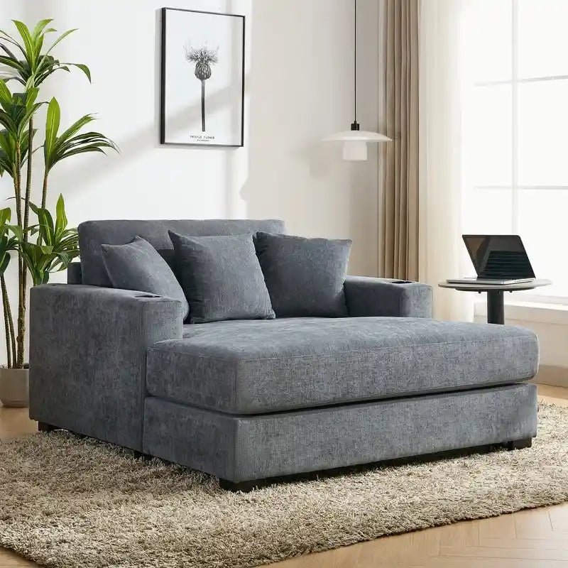 Chaise longue surdimensionnée en tissu chenille, canapé-lit de 100/110/140 cm avec oreillers, station de charge et porte-gobelets
