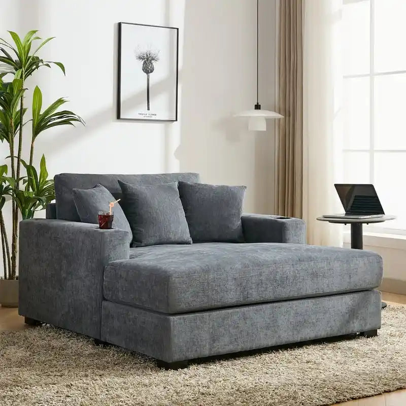 Chaise longue surdimensionnée en tissu chenille, canapé-lit de 100/110/140 cm avec oreillers, station de charge et porte-gobelets