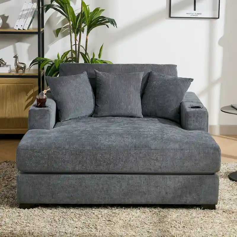 Chaise longue surdimensionnée en tissu chenille, canapé-lit de 100/110/140 cm avec oreillers, station de charge et porte-gobelets
