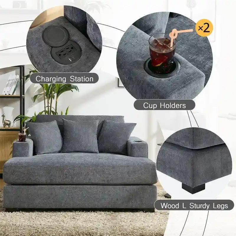 Chaise longue surdimensionnée en tissu chenille, canapé-lit de 100/110/140 cm avec oreillers, station de charge et porte-gobelets