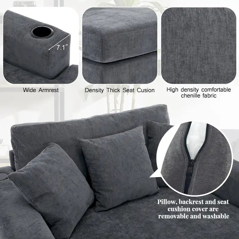 Chaise longue surdimensionnée en tissu chenille, canapé-lit de 100/110/140 cm avec oreillers, station de charge et porte-gobelets