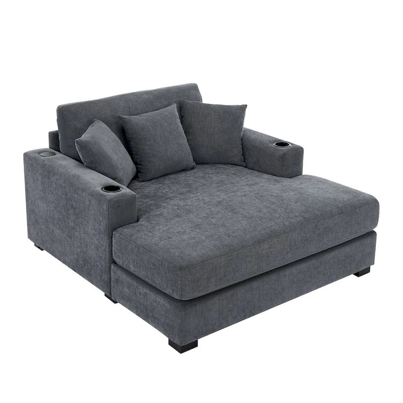 Chaise longue surdimensionnée en tissu chenille, canapé-lit de 100/110/140 cm avec oreillers, station de charge et porte-gobelets