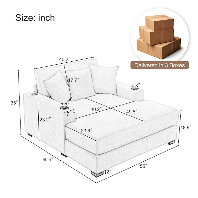 Chaise longue surdimensionnée en tissu chenille, canapé-lit de 100/110/140 cm avec oreillers, station de charge et porte-gobelets