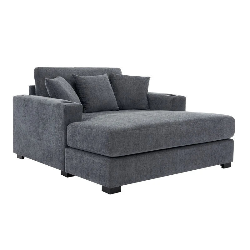 Chaise longue surdimensionnée en tissu chenille, canapé-lit de 100/110/140 cm avec oreillers, station de charge et porte-gobelets