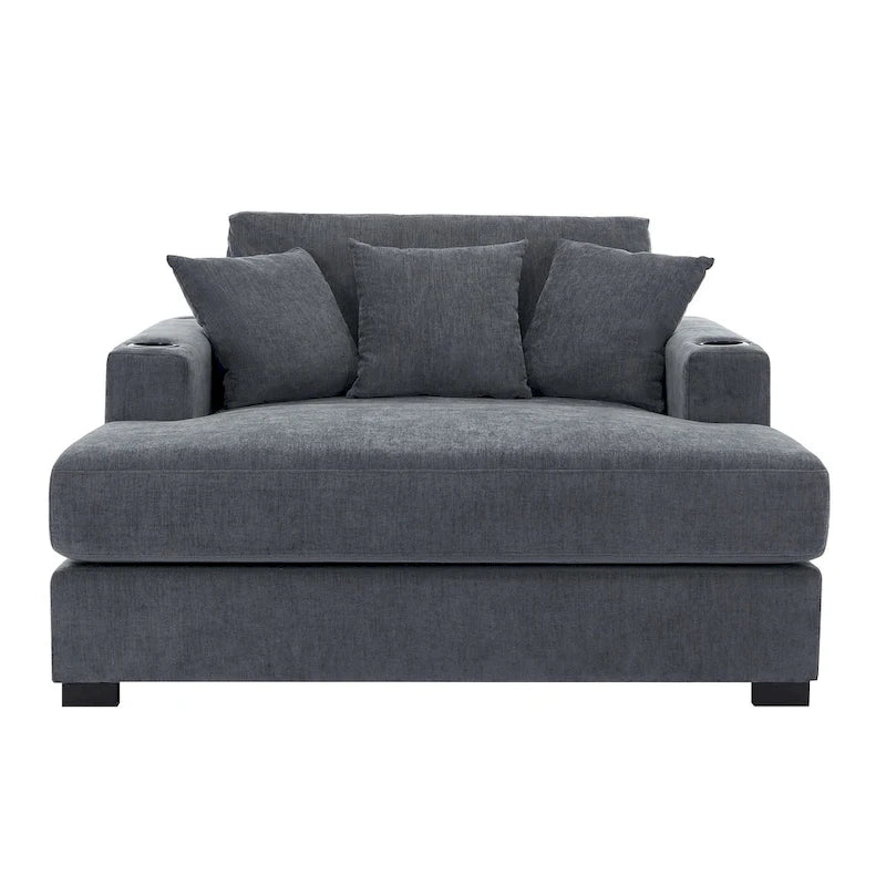 Chaise longue surdimensionnée en tissu chenille, canapé-lit de 100/110/140 cm avec oreillers, station de charge et porte-gobelets