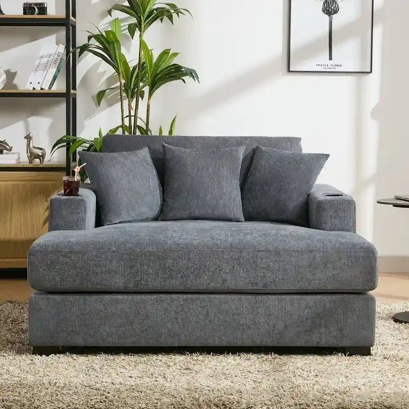 Chaise longue surdimensionnée en tissu chenille, canapé-lit de 100/110/140 cm avec oreillers, station de charge et porte-gobelets