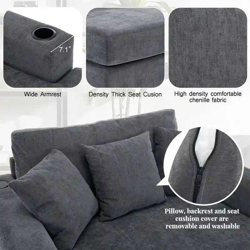 Chaise longue surdimensionnée en tissu chenille, canapé-lit de 100/110/140 cm avec oreillers, station de charge et porte-gobelets