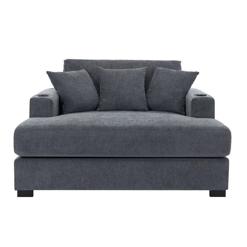 Chaise longue surdimensionnée en tissu chenille, canapé-lit de 100/110/140 cm avec oreillers, station de charge et porte-gobelets