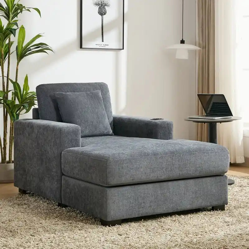 Chaise longue surdimensionnée en tissu chenille, canapé-lit de 100/110/140 cm avec oreillers, station de charge et porte-gobelets