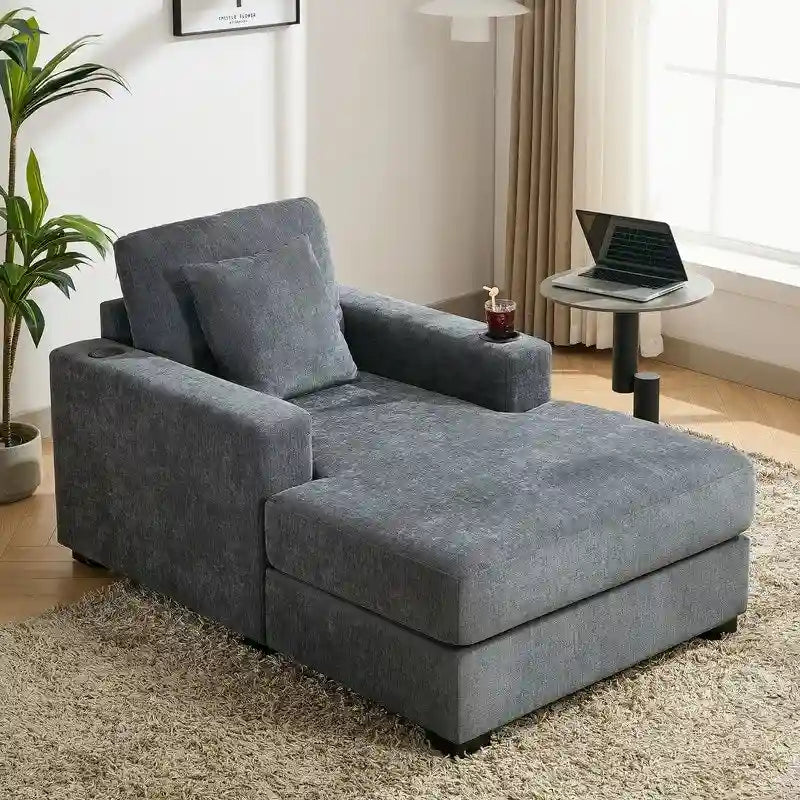 Chaise longue surdimensionnée en tissu chenille, canapé-lit de 100/110/140 cm avec oreillers, station de charge et porte-gobelets