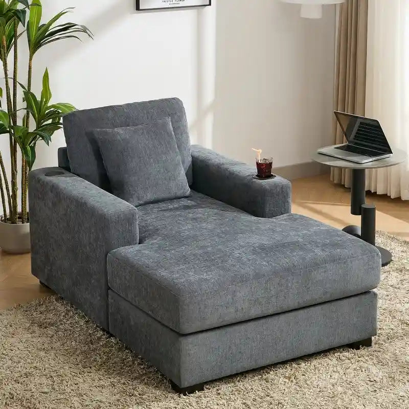 Chaise longue surdimensionnée en tissu chenille, canapé-lit de 100/110/140 cm avec oreillers, station de charge et porte-gobelets