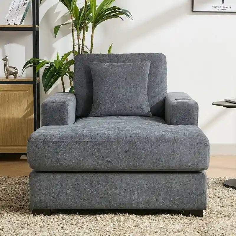 Chaise longue surdimensionnée en tissu chenille, canapé-lit de 100/110/140 cm avec oreillers, station de charge et porte-gobelets